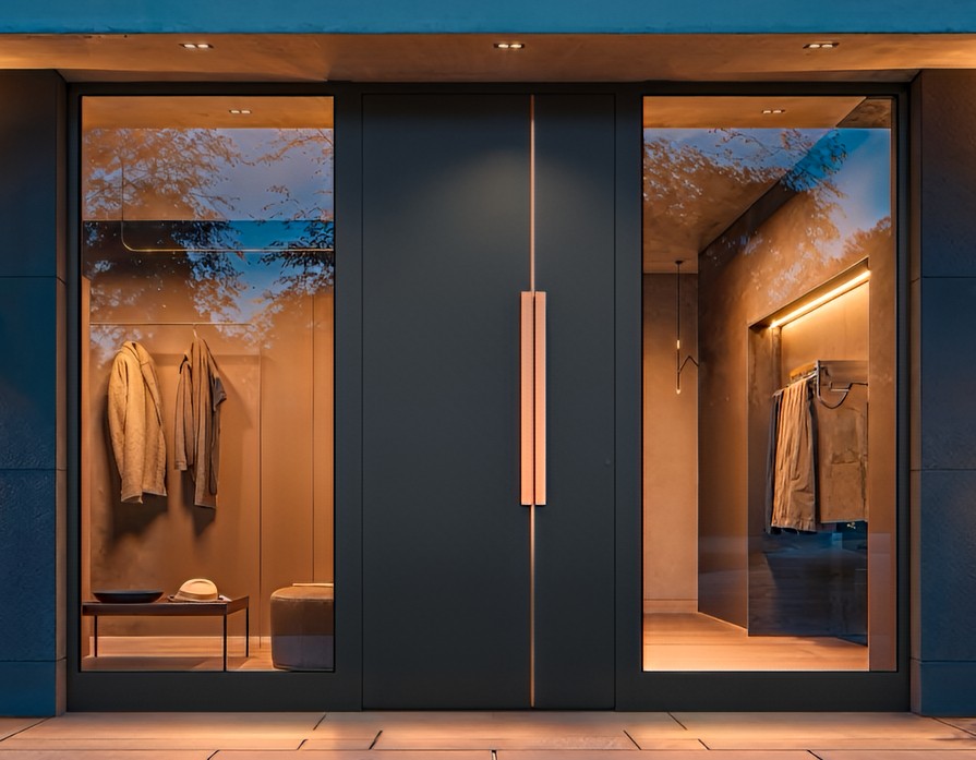 Detailaufnahme einer hochwertigen Haustür und moderner Fenster