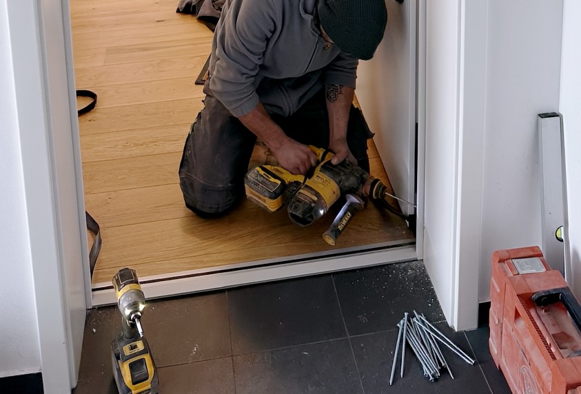 Monteur montiert eine neue Wohnungseingangstür im Treppenhaus