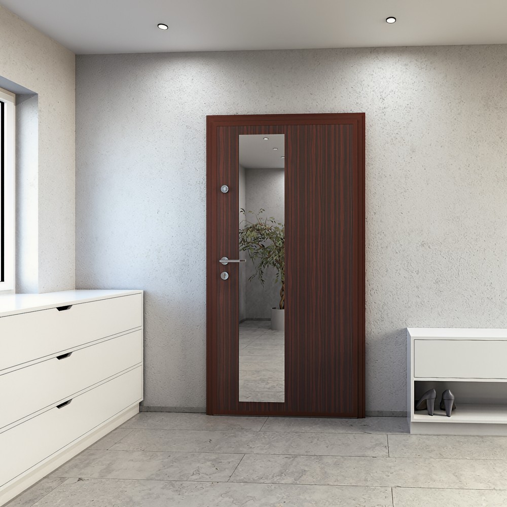 Eine Frau vor dem Spiegelstreifen der Wohnungseingangstür