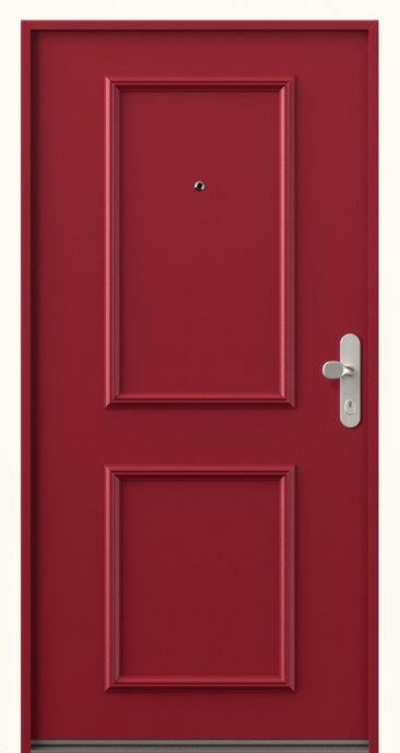 Wohnungseingangstür in rot mit Zierrahmen und Türspion